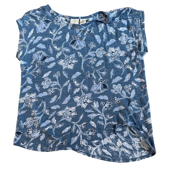 Joie Womens Top Med Blue Floral 100% Linen Cap Sleeve Asymmetric Hem Blouse - Picture 1 of 6